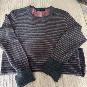 Rag & Bone Wool Gray and Pink Striped Crew Neck Sweater